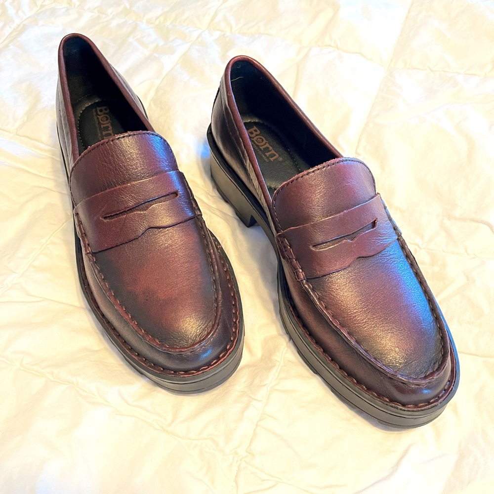 Born Carrera lug sole platform penny loafers, leather, size 8, new without box
